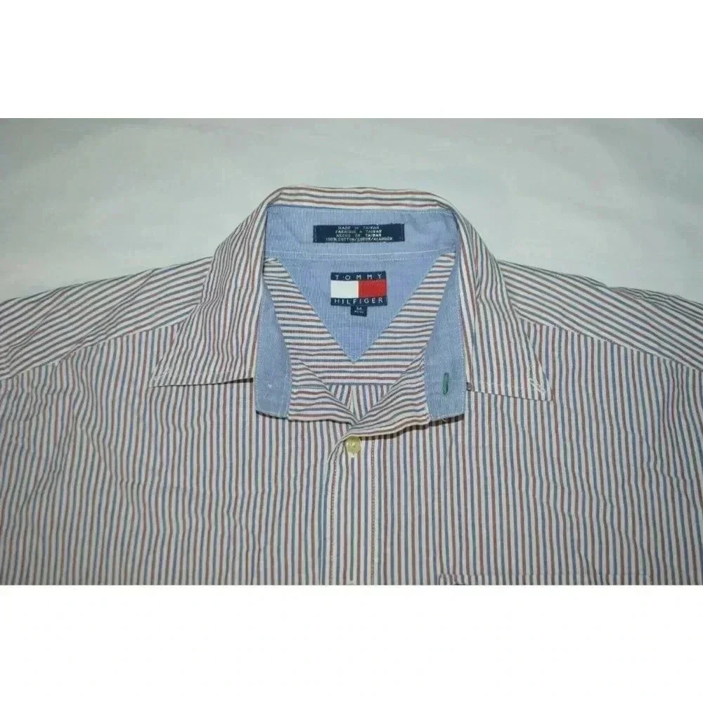 Tommy Hilfiger Vintage Box Logo 1990's Red Blue Striped Button Down Shirt Mens M
